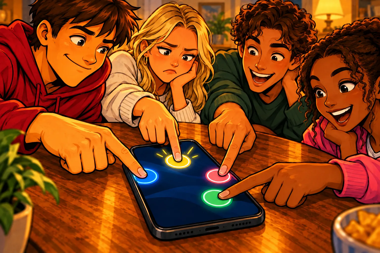 Vrienden spelen Finger roulette met hun vingers op het scherm van een telefoon